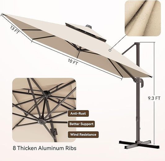 10x13 FT Patio Umbrella, Large Cantilever Rectangular Double Top Heavy Duty Offset Umbrellas with 360° Rotation, Outdoor shade for Garden Deck Pool Patio, Beige