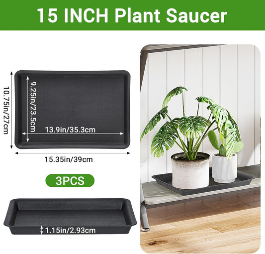 GREANER 3 Packs Plant Saucers Rectangular, 15x11x1.2Inch Heavy Plastic Plant Saucer Drip Tray, Flower Pot Tray for Indoors Outdoor Plant Pots, Thick Drip Tray for Garden Potted Water Drips and Soil