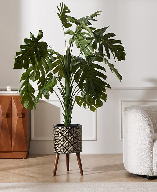 nacltlo12 Inch Planter for Indoor Plants,Plant Pot with Stand,Large Modern Mid-Century Plant Pots Indoor Outdoor with Drainage for Home Garden Patio,Black and Gold