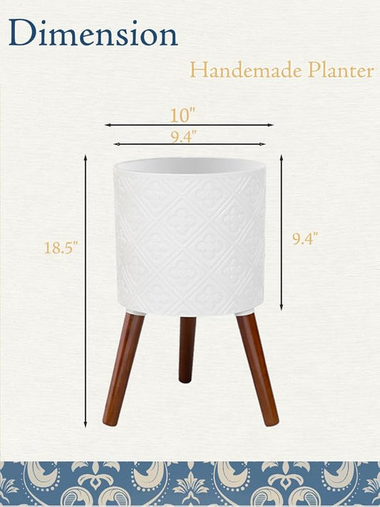 12 Inch Planter Pot with Stand, Planter for Indoor Plants, Modern Large Flower Planter Pot with Drainage Holes for Outdoor,Matte White