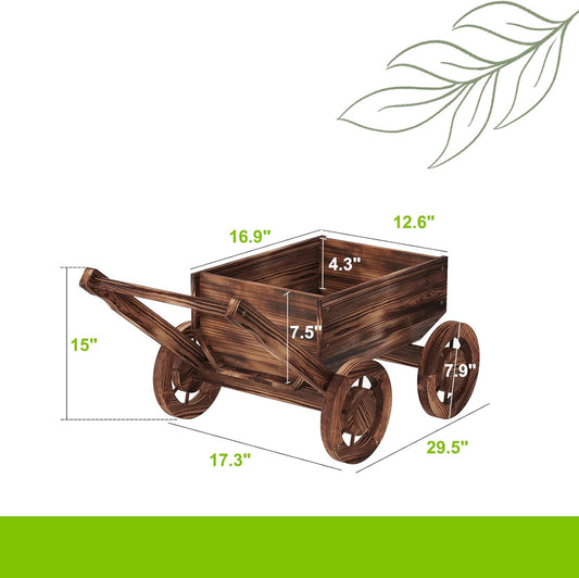 Wooden Flower Cart with Wheels Wooden Wagon Planter Outdoor Garden Planter Decor Planter for Patio Balcony Trolley Decoration Succulent Flower Pot, Indoor Backyard Balcon Decor.(S)