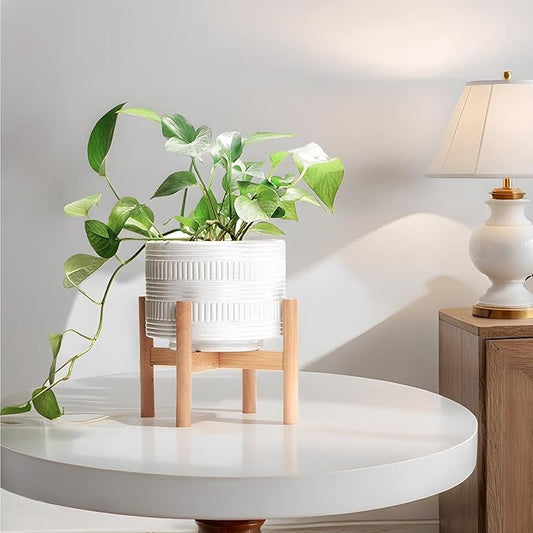 Kurrajong Farmhouse White Plant Pot with Stand | 7.25" Ceramic Planter Pot for Indoors | Wood Plant Stand with Pot. Plant not Included | White Planter Pot is 7.25" Wide x 5.75" high