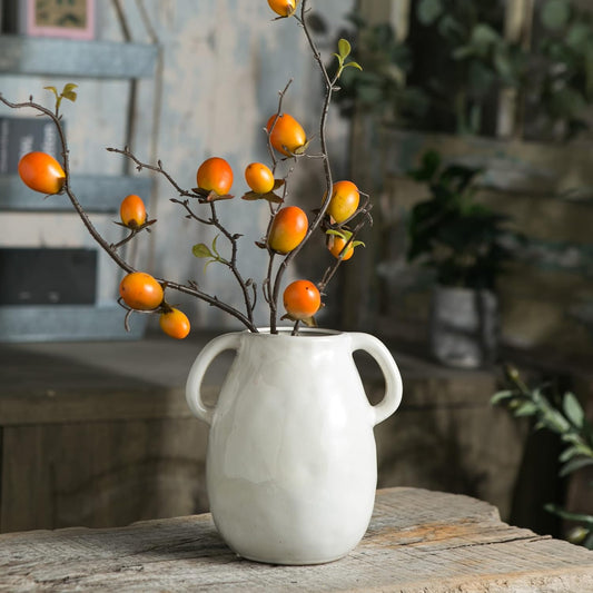 White Ceramic Vase with 2 Handles, Modern Farmhouse Decor, Rustic Terracotta Pottery, Decorative Flower Vases, Clay Small Vase, Centerpiece for Dining Table - 7 Inch Tall