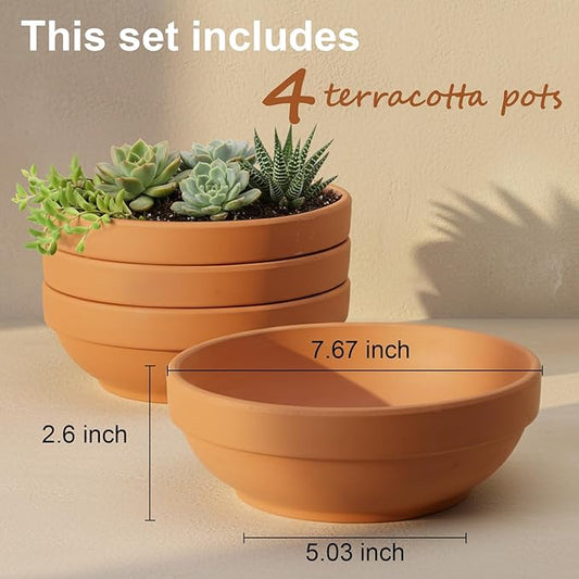 Clay Pots for Plants with Drainage Hole, 4 Pack Large Terra Cotta Plant Pot, 7.67 Inch Terracotta Pot Ceramic Pottery Planter Cactus Flower Pots