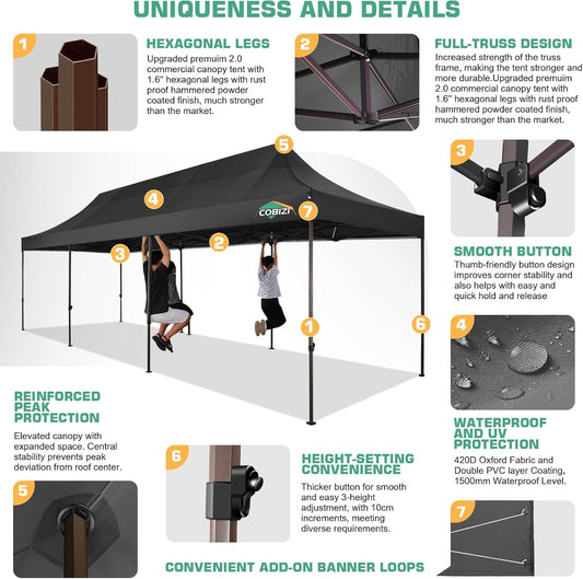 COBIZI 10x30 Pop Up Canopy Tent Heavy Duty with 8 Removable Sidewalls, Commercial Portable Tents for Parties Ez Up Canopy All-Weather Windproof & Waterproof and UPF 80+ Wedding Tent Sun Shelter