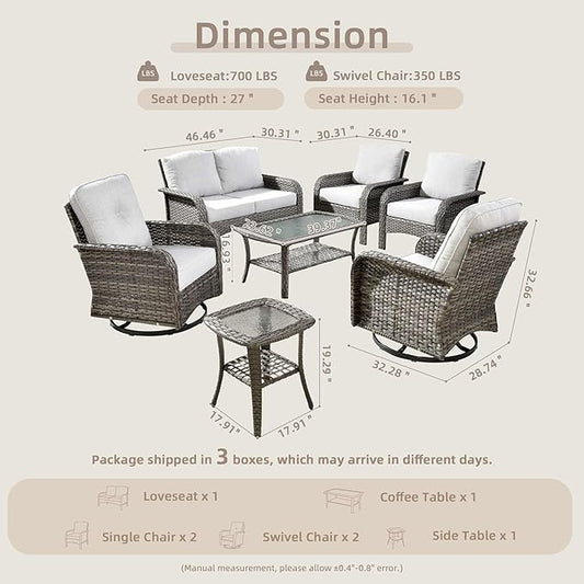 7-Piece Wicker Patio Furniture Set, All-Weather Rattan Conversation Bistro Loveseat Chair and Patio Rockers Set for Backyard, Balcony and Deck with Soft Cushions and Metal Table(Grey)