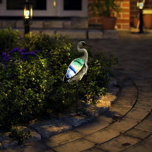 HONGLAND Solar Metal Crane Statue Garden Heron Sculpture, Glass Outdoor Heron Yard Art Coastal Ocean Bird Decor Lawn Ornament for Backyard Porch Patio Decor(24 Inch)