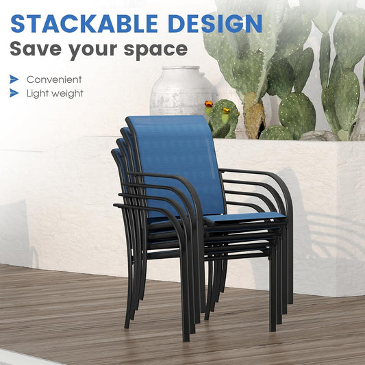 VICLLAX Patio Dining Set for 8, Outdoor Furniture Set Includes 53" Round Patio Table and 8 Patio Sling Chairs, Black Tabletop and Blue Fabric
