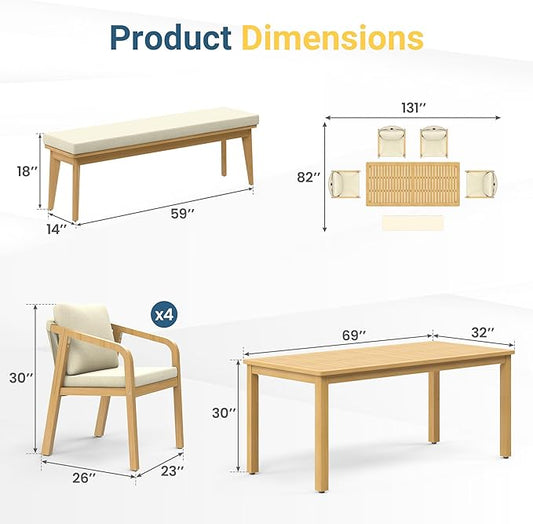Wisteria Lane 6 Pieces Acacia Patio Dining Set for 6, Patio Dining Table and Chairs Set with Cushion, Modern Outdoor Dining Furniture Set for Lawn Backyard Garden Deck, Beige