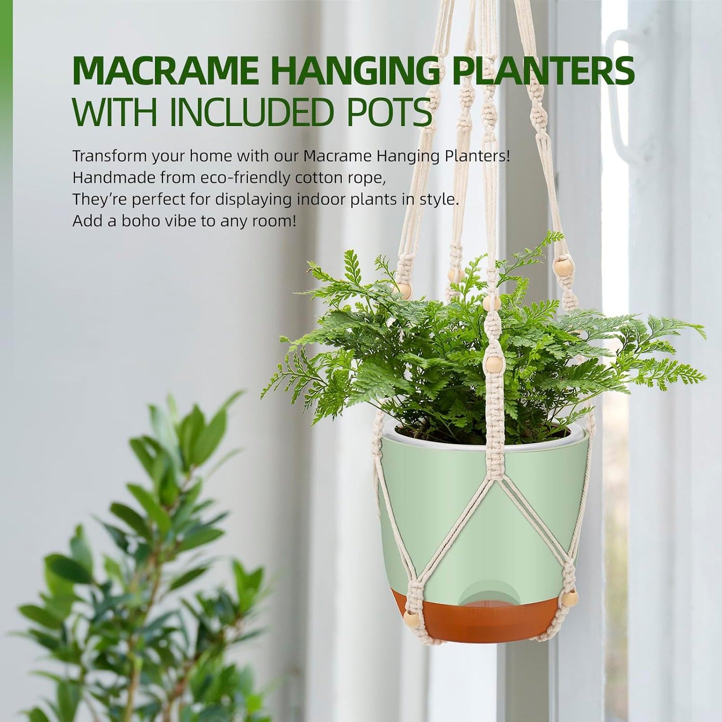 2-Pack 7.2-Inch Self-Watering Hanging Planters for Indoor & Outdoor Plants,34-Inch macrame hanger plant pots indoor with drainage,Small Hanging Planters & Baskets in Green,With two sets of hooks