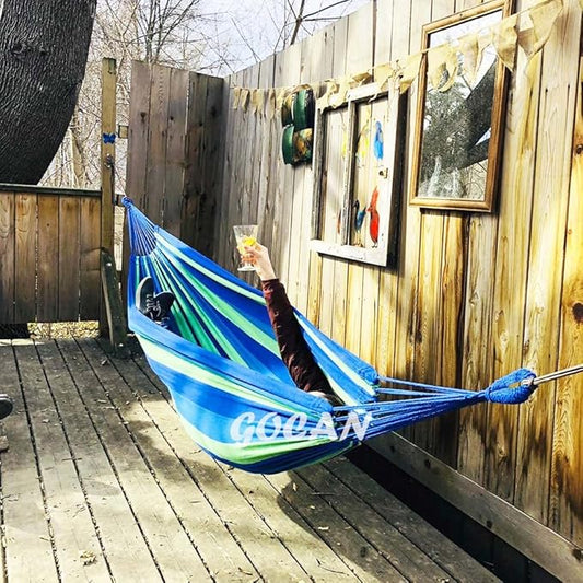 Brazilian Double Hammock 2 Person Extra Large 220x160cm Total Length 330cm Load 500lb Canvas Cotton Hammock for Patio Porch Garden Backyard Lounging Outdoor and Indoor(Blue/Green) XXL