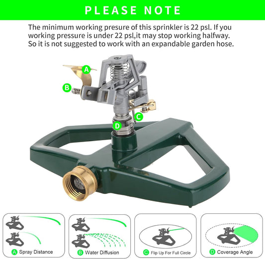 Metal Sprinklers for Yard Heavy Duty Zinc Alloy Pulsating Impact Sprinkler, Adjustable Rainbird Sprinkler Head with Metal Base, Sprinkler System for Lawn Yard Large Area Garden
