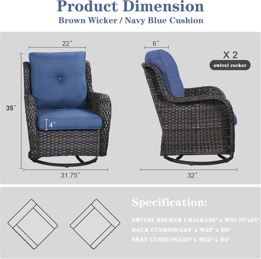 Outdoor Swivel Rcoker Patio Chairs - Outdoor Swivel Patio Chairs Set of 2 Wicker Chair Patio Furniture Sets with Covered Cushion for Porch Deck Balcony Garden, Blue
