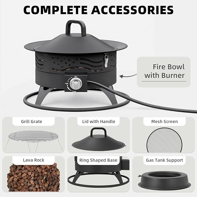Portable Propane Fire Pit, 24 Inch Smokeless Gas Fire Pit Bowl for Outside, 60,000 BTU Outdoor Firepit with Grill Grate & Lid for Camping, Patio, Yard, Garden