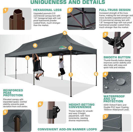 COBIZI 10x30 Pop Up Canopy Tent Heavy Duty with 8 Removable Sidewalls, Commercial Portable Tents for Parties Ez Up Canopy All-Weather Windproof & Waterproof and UPF 80+ Wedding Tent Sun Shelter