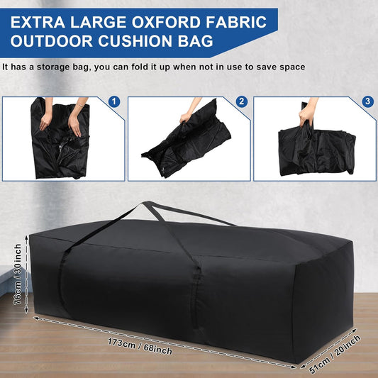Silkfly 2 Pcs Patio Cushion Storage Bags 68" L x 30" W x 20" H Outdoor Cushion Storage Bag with Handles Waterproof Extra Large 420D Oxford Fabric Heavy Duty Zippered Furniture Pillow Protective, Black