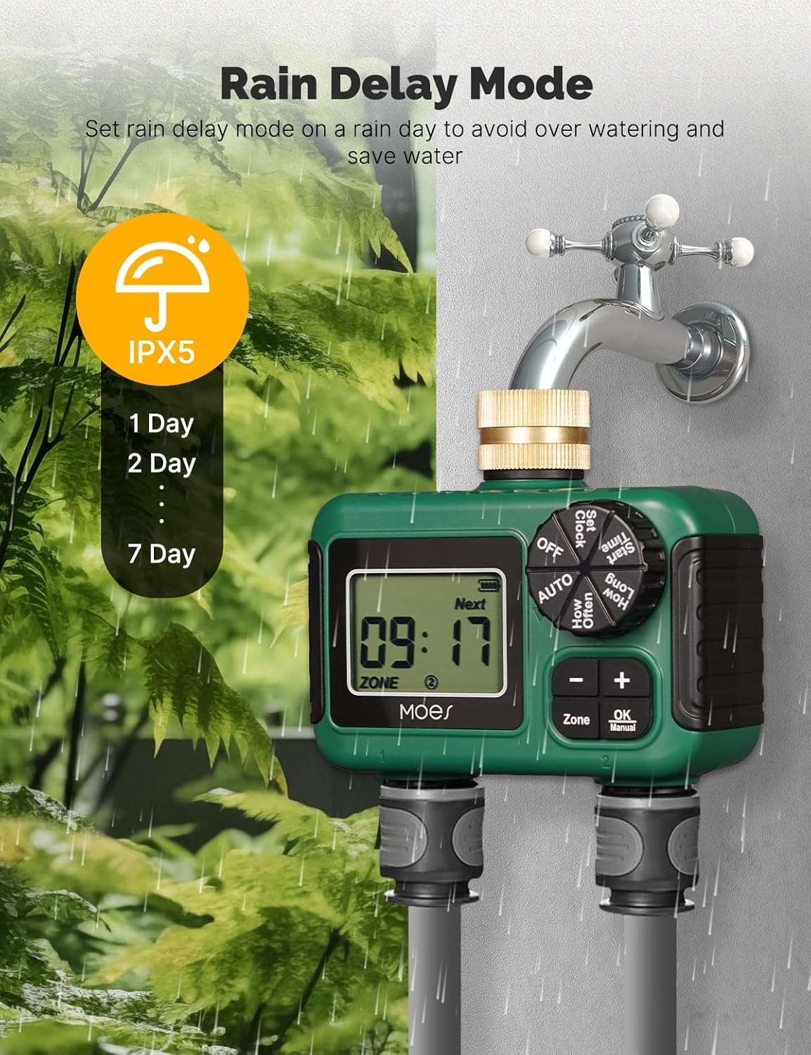 MOES 2 Outlet Sprinkler Timer, Brass Inlet, Programmable Automatic Irrigation Controller, Rain Delay, Manual Watering, 2 Zone Water Hose Timer for Gardens, Lawns, and Hose Systems