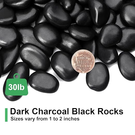 30 lbs Decorative Garden Rocks for Flower Pots, Vase, 1"-2", Polished Black River Stones for Plants, Outdoor Landscaping, Walkways, Yard