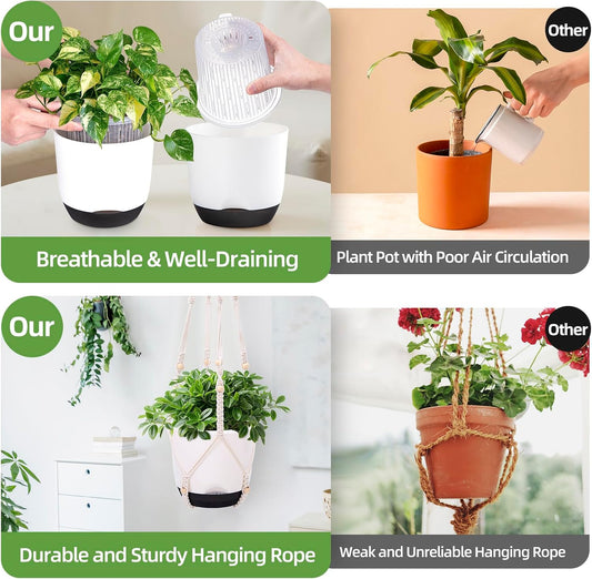 2-Pack Self-Watering Hanging Planters for Indoor & Outdoor Plants,34-Inch macrame hanger plant pots indoor with drainage,5.7-Inch Small Hanging Planters & Baskets in Black,With two sets of hooks