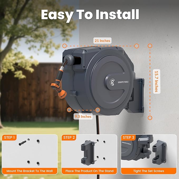 Giraffe Tools AW30 Retractable Garden Hose Reel 5/8inch x 62ft Hose Reels for Outside, with 9- Function Sprayer Nozzle, Any Length Lock/Slow Return System/Wall Mounted/180°Swivel Bracket