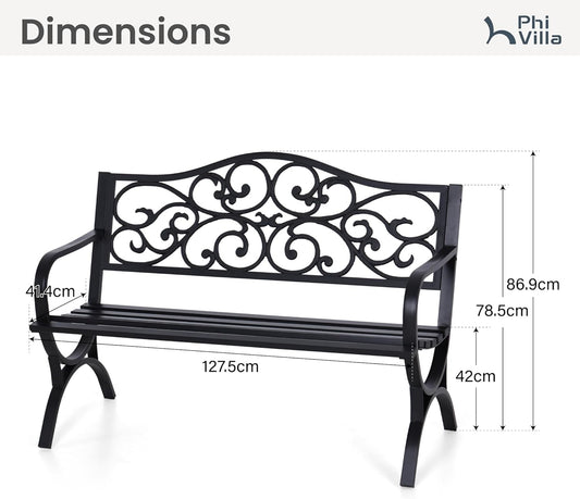 PHI VILLA 50-Inch Cast Iron Steel Frame Garden Bench Outdoor Patio Bench Chair w/Floral Design Backrest, Slatted Seat for Park, Yard & Porch, Black