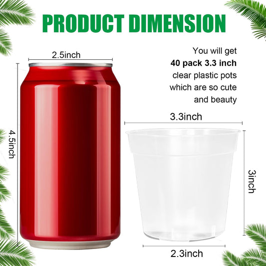 40 Pack 3.3 Inch Clear Nursery Pots for Plants, Sturdy Plastic Plant Pot for Planting Vegetables Flowers Seedlings, Transparent Seed Starter Pots with Drainage Holes, Gardening Gifts(40P-3.3"Clear)