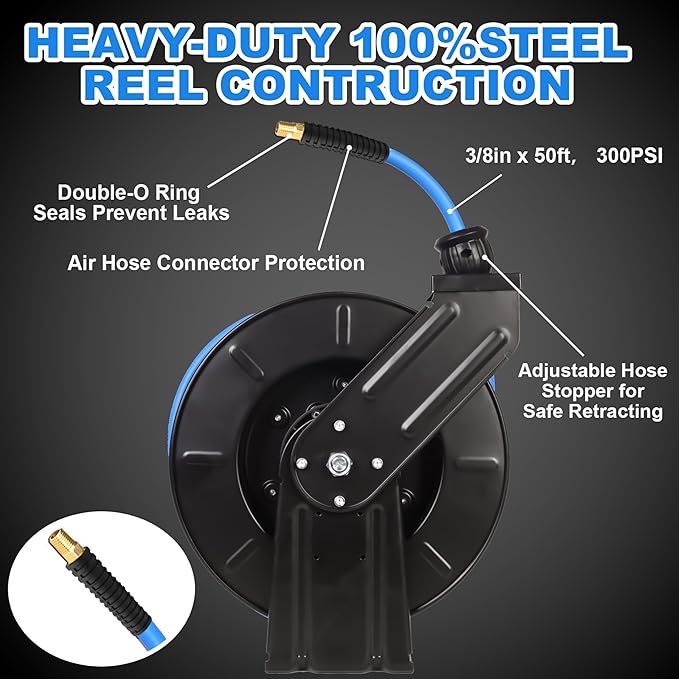 Heavy Duty Retractable Air Hose Reel, 3/8 IN x 50 FT Hybrid Air Hose, Max 300PSI Air Compressor Hose Reel with Auto Rewind, Ceiling/Wall Mount Single Arm Premium Steel Reel for Garage Workshop