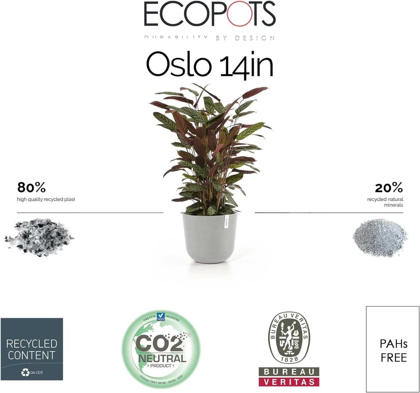 Ecopots Oslo Durable Modern Round Indoor/Outdoor Recycled-Based Composite Flower Pot Planter, White Grey, 14"