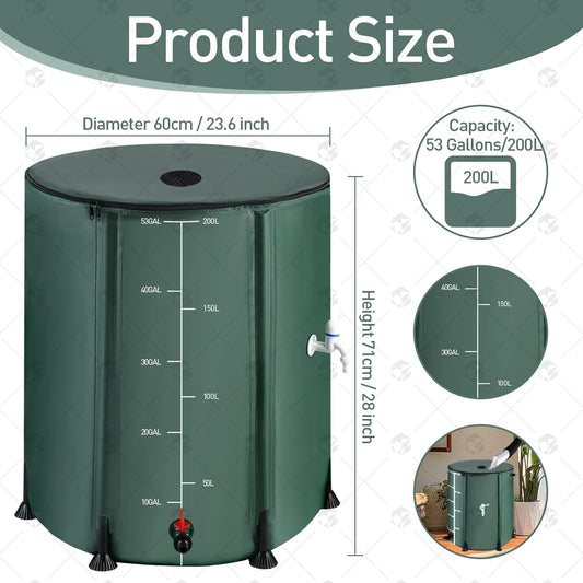 2Pcs 53 Gallon Collapsible Rain Barrel Kit with 12 Half Poles, 200L Protable Rain Water Collection Barrel with Zipper, 1000D Oxford Rain Catcher Barrel System Garden with 1 Spigot and 2 Overflow