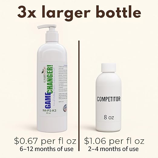 GS Plant Foods Game Changer All-Purpose Essentials - 100% Plant-Based Organic Fertilizer for Indoor or Outdoor Container Grown Plants, NPK 4-3-3, Liquid Formula for Houseplants, 20 Ounces