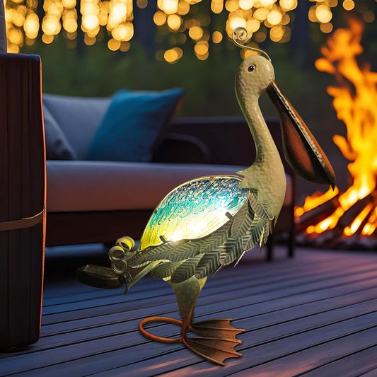 HONGLAND Solar Metal Pelican Statues Garden Sculpture & Statues, 19 Inch Glass Outdoor Pelican Yard Art Coastal Ocean Bird Decor Lawn Ornament for Backyard Porch Patio Decor(Blue-Green)