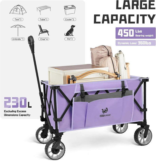 Whitsunday Folding Collapsible Utility Wagon, 400Lbs Heavy Duty Outdoor Park Beach Wagon with Table and Side Pocket for Garden Camping Sports Shopping Purple