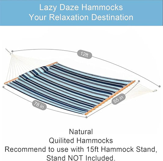 Lazy Daze Hammocks 12 FT Quilted Fabric Double Hammock with Spreader Bars and Detachable Pillow, 450lbs Weight Capacity