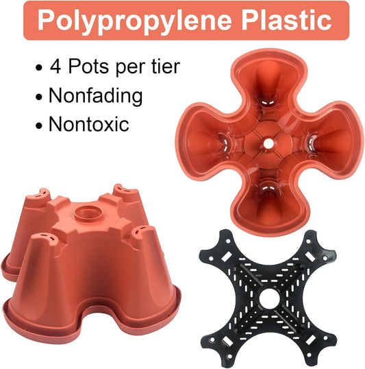 DUNCHATY Stackable Planters 4 Tier Vertical Garden Planting Tower Planters Strawberry, Herb, Flower, and Vegetable Planter Indoor Outdoor Gardening Pots with Removable Wheels and Tools