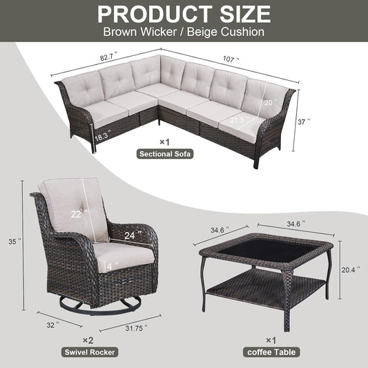 Outdoor Furniture Sectional Sofa L Shaped Couch - Patio Wicker Set with 2 Swivel Glider Chairs, 5 Piece Rattan Patio Conversation Sets with Beige Cushion for Deck Backyard Sunroom