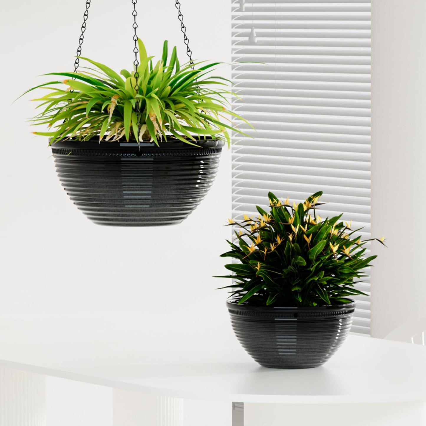 2 Pack Hanging Planters for Indoor Outdoor Plants, 10 Inch Hanging Planter with Drainage Hole & Plug Glazed Hanging Baskets Flower Pots for Garden Home (Black)