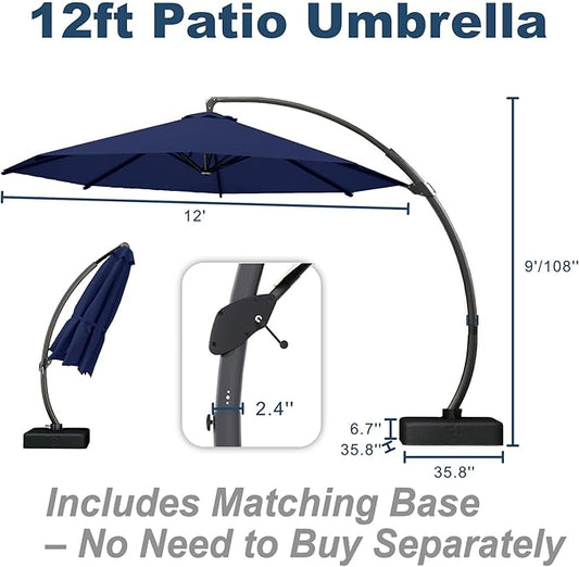 12FT Cantilever Umbrella with Base Large Curvy Outdoor Aluminum Offset Umbrella w/ 360° Rotation, UV Resistant Canopy for Patio, Garden, Backyard, Navy Blue