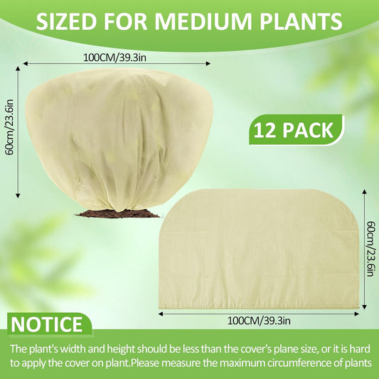 12 Pcs Winter Plant Covers Freeze Protection 39.4x23.6 Inch Horizontal Shrub Tree Rose Plant Protection Bags Frost Blanket with Drawstring for Fall Winter Outdoor Garden Planting (Beige)
