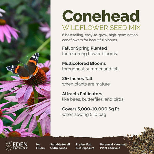 Eden Brothers Conehead Flower Mixed Seeds for Planting, 5 lb, 2,400,000+ Seeds with Prairie Coneflower, Mexican Hat | Attracts Pollinators, Plant in Spring or Fall, Zones 3, 4, 5, 6, 7, 8, 9, 10