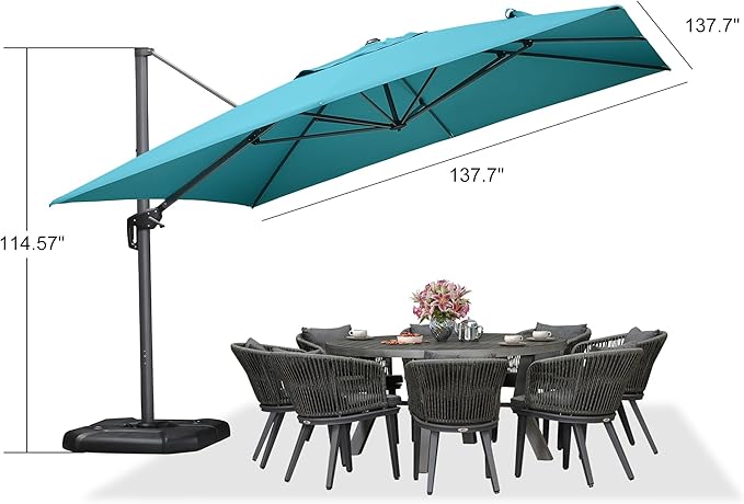 PURPLE LEAF 11.5' X 11.5' Telescopic Patio Umbrella Outdoor Cantilever Umbrella Square Up Down Lifting Offset Umbrella with 360-degree Rotation for Garden Deck Pool Patio Turquiose