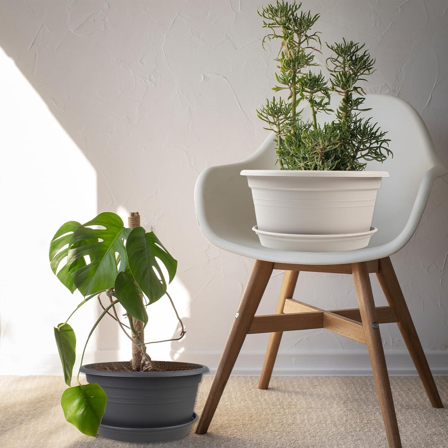 Large 4 Pack 13 inch Plant Pots, Round Plastic Pots for Plants, Outdoor Planters with Drainage Hole & Tray Saucer, Decoration Large Flower Pots for Indoor Outdoor Garden Home Plants (Beige)