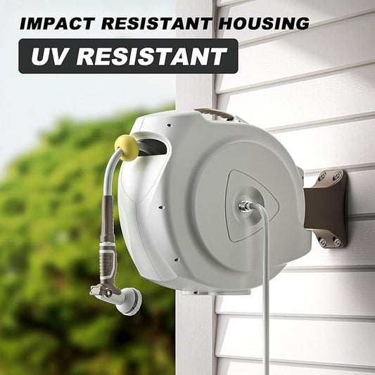 Retractable Garden Hose Reel, 5/8 in 100+6 ft, Heavy Duty Wall Mounted Water Hose Reel, Spring Power Automatic Rewind, Any Length Lock, 180° Swivel Bracket, 10 Pattern Spray Nozzle