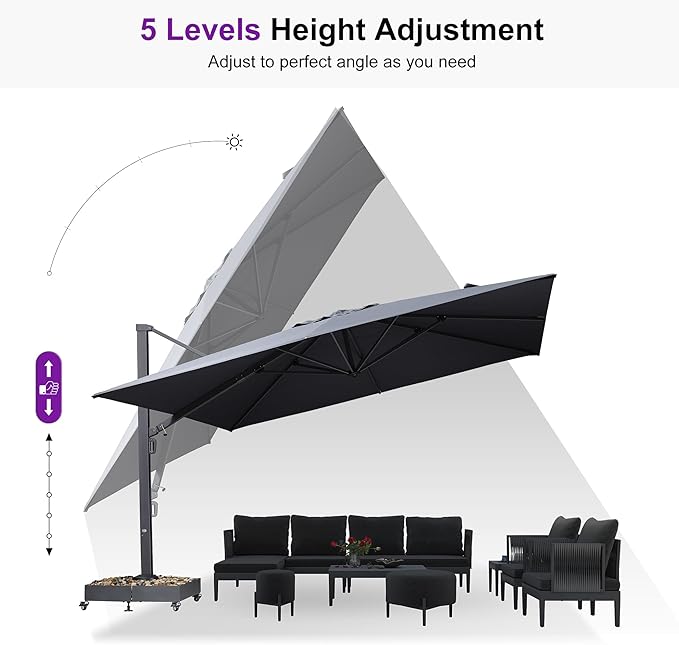 PURPLE LEAF 13 FT Square Patio Umbrella Large Cantilever Outdoor Aluminum Offset Umbrella with 360-degree Rotation for Garden Deck Backyard Pool Grey