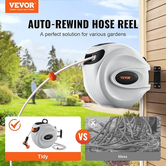 VEVOR Retractable Hose Reel, 100 ft x 1/2 inch, Garden Water Hose Reel with 9-Pattern Nozzle, 180° Swivel Bracket Wall-Mounted, Automatic Rewind, Lock at Any Length, with Slow Return System