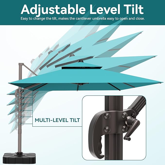 9x12 FT Patio Umbrella with base, Large Cantilever Rectangular Double Top Heavy Duty Offset Umbrellas with 360° Rotation, Outdoor shade for Garden Deck Pool, Turquoise