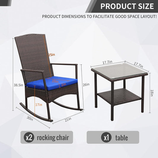 Rocking Chair Outdoor 3 Pieces High-Backed Patio Rocking Chairs Bistro Table and Chairs Set of 2, Royal Blue