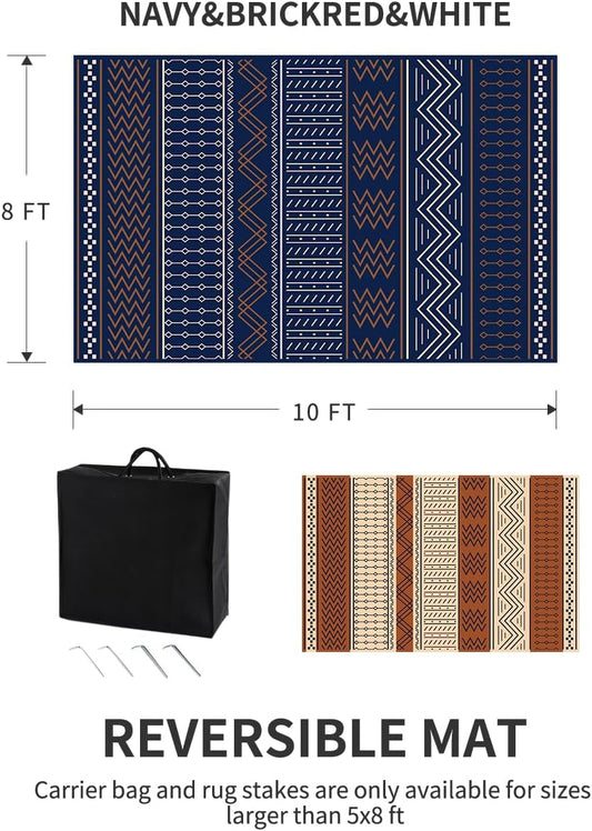 Outdoor Rug Carpet Waterproof 8x10 ft Patio Rug Mat Indoor Outdoor Area Rug for RV Camping Picnic Reversible Lightweight Plastic Straw Outside Rug for Patio Decor Decoration Boho Rug Navy Red