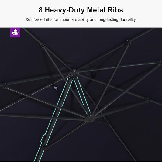 PURPLE LEAF 9' X 11.5' Patio Cantilever Umbrella Outdoor Rectangle Adjustable Offset Umbrellas with 360-degree Rotation and 8 Heavy Duty Metal Ribs for Garden Deck Pool Navy Blue