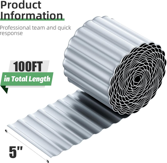 Corrugated Metal Garden Edging, 5''×100Ft Garden Border Edging, Landscape Edging Border, Metal Edging for Landscaping, Garden, Pathway, Lawn, Flower Bed(Silver)