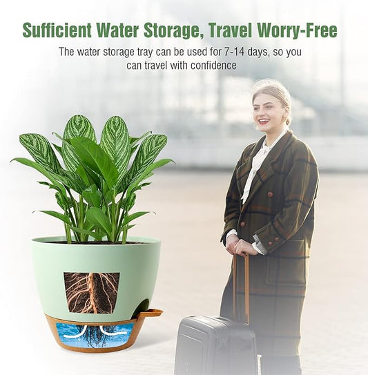 WOUSIWER 10 inch Self Watering Planters, 2 Pack Large Plastic Plant Pots with Deep Reservior and High Drainage Holes for Indoor Outdoor Plants and Flowers, Green with Terracotta